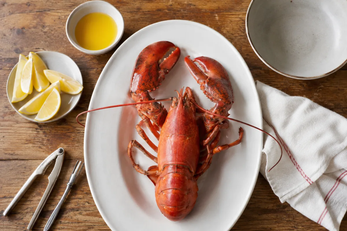 Cooked lobster with crackers, lemon, butter, and shell bowl