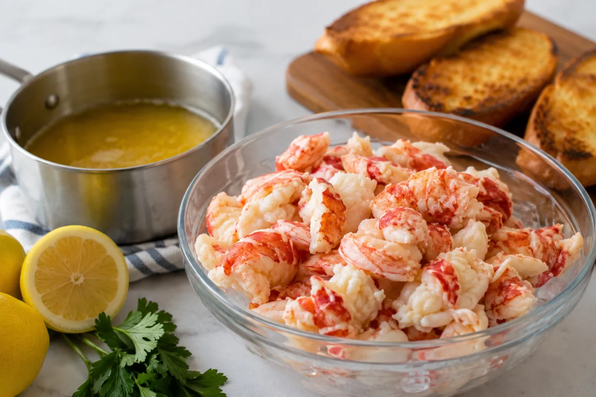 Picked lobster meat in a chilled bowl for leftovers