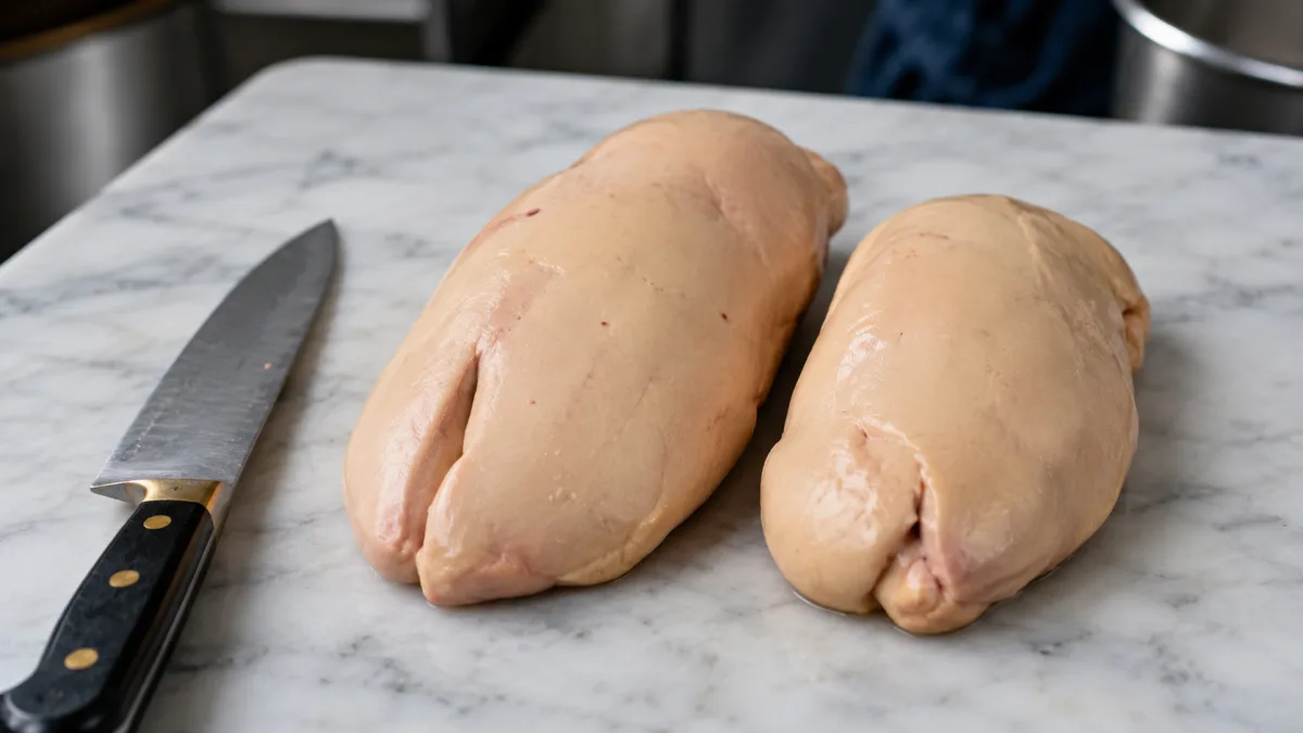 Two raw foie gras lobes side by side on a marble surface, one duck and one goose, with a chef's knife nearby