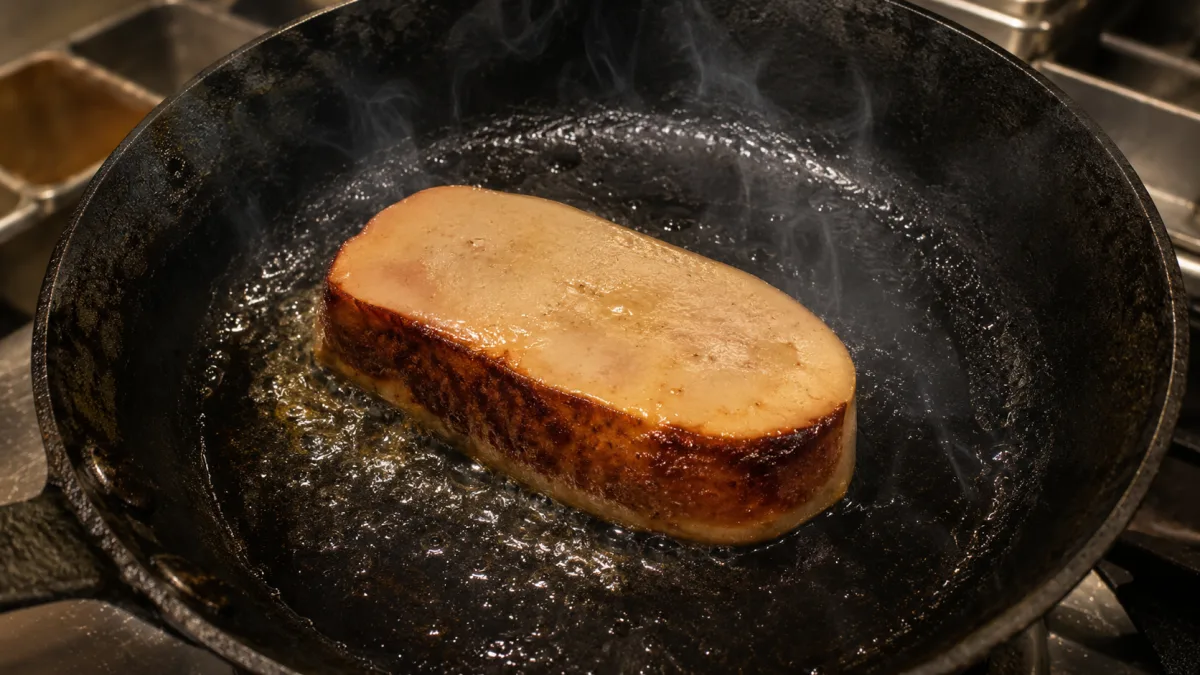 Seared foie gras escalope in a cast iron pan with a deep golden crust, smoke rising in a restaurant kitchen