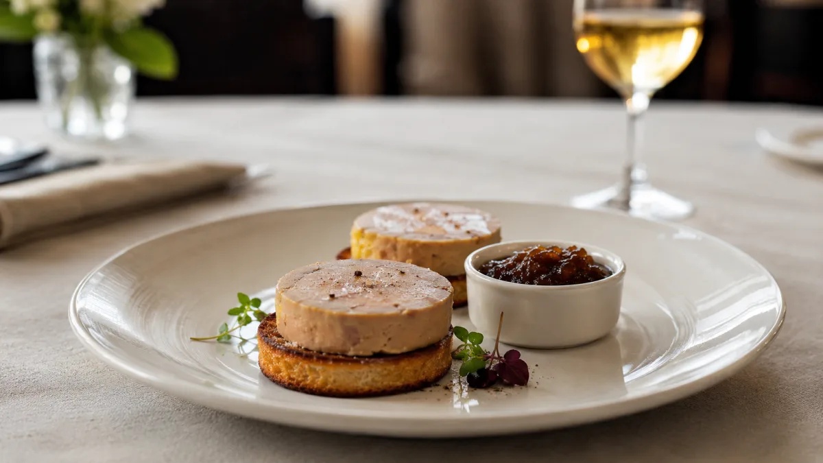 Foie gras torchon sliced on brioche with fig jam and a glass of Sauternes on a linen-draped table