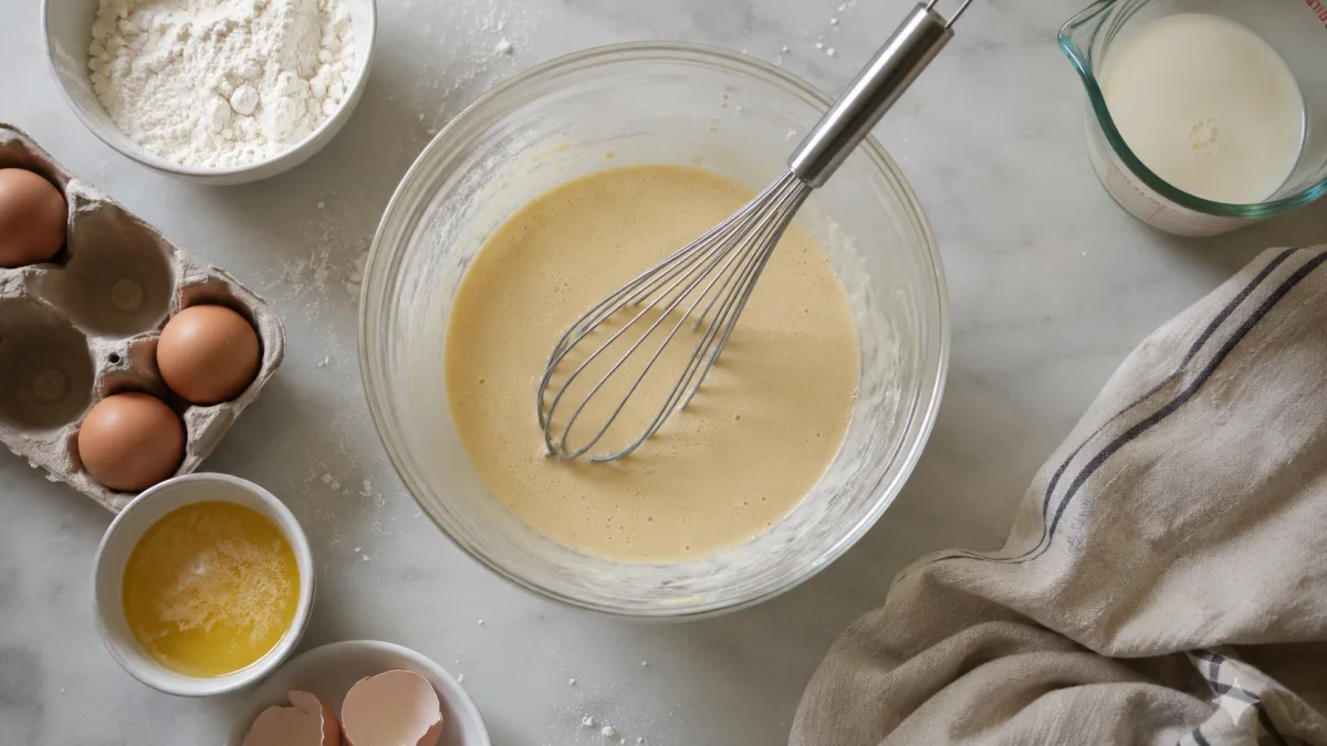Thin pancake batter whisked in a bowl