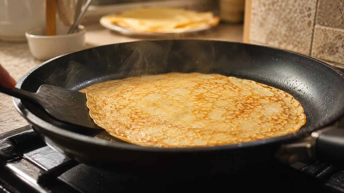 Thin pancake cooking in a skillet