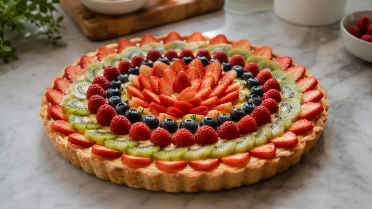 Fresh fruit tart being arranged