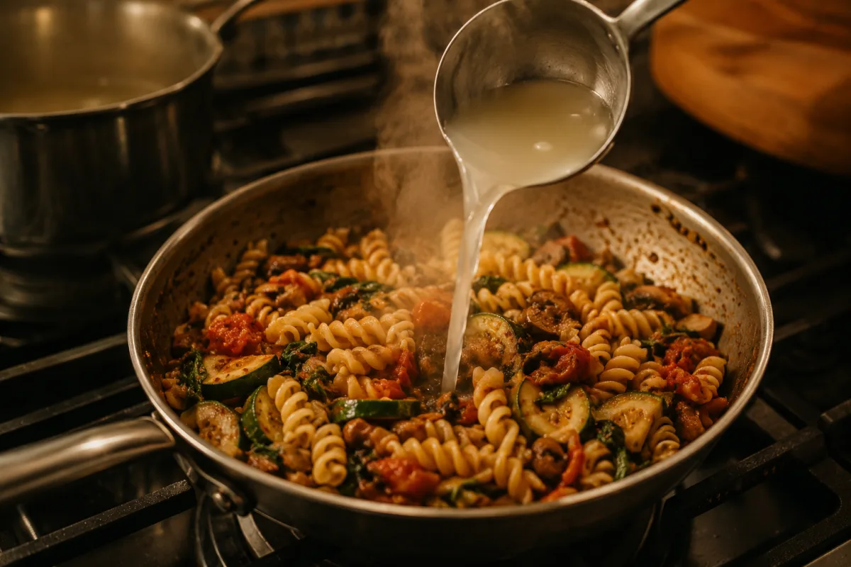 Light pasta sauce being stretched with pasta water