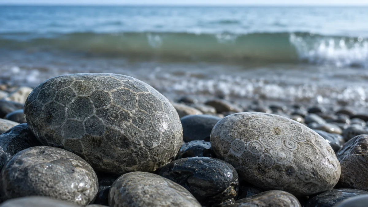 Wet Petoskey stones with hexagonal coral fossil patterns on a Lake Michigan gravel beach