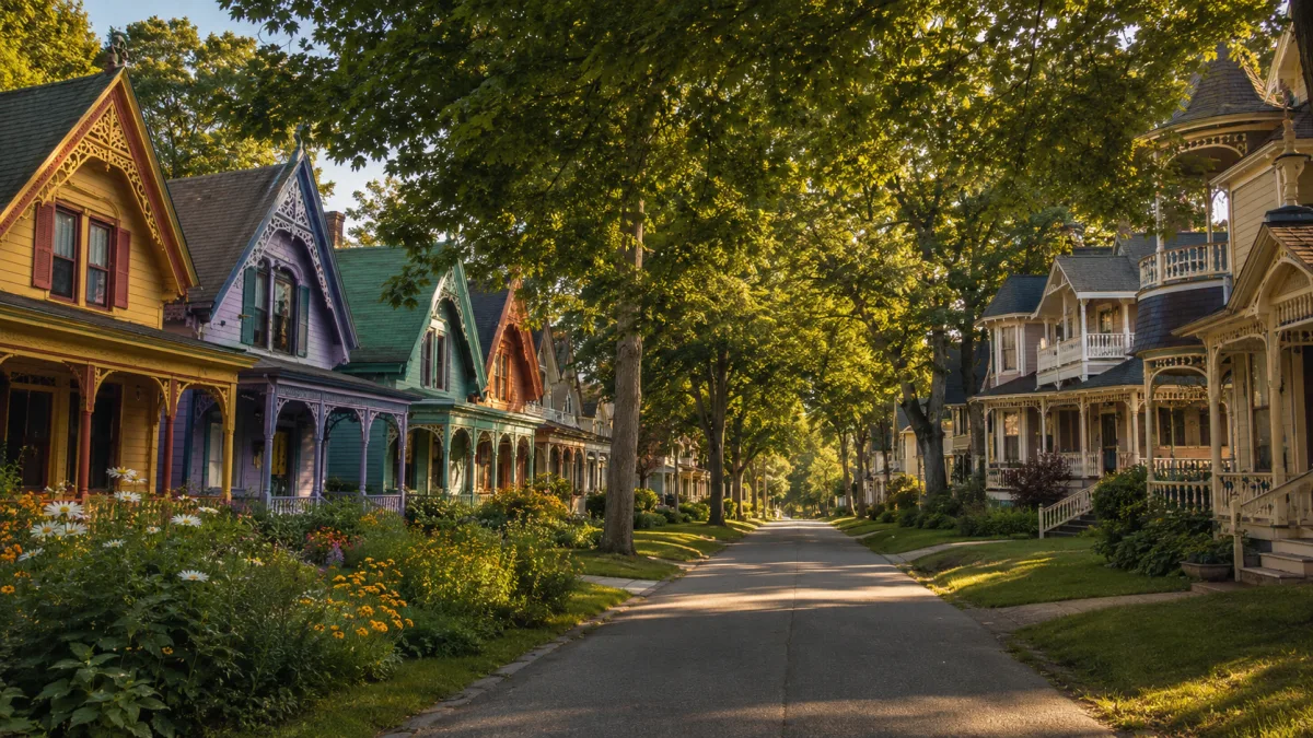 Victorian gingerbread cottages lining a shaded street in the Bay View Association community near Petoskey Michigan