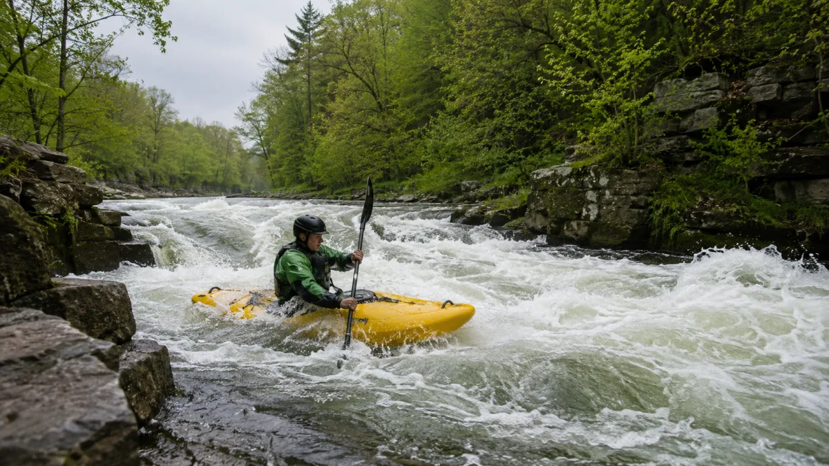 Kayaker navigating the Bear River whitewater course through downtown Petoskey Michigan