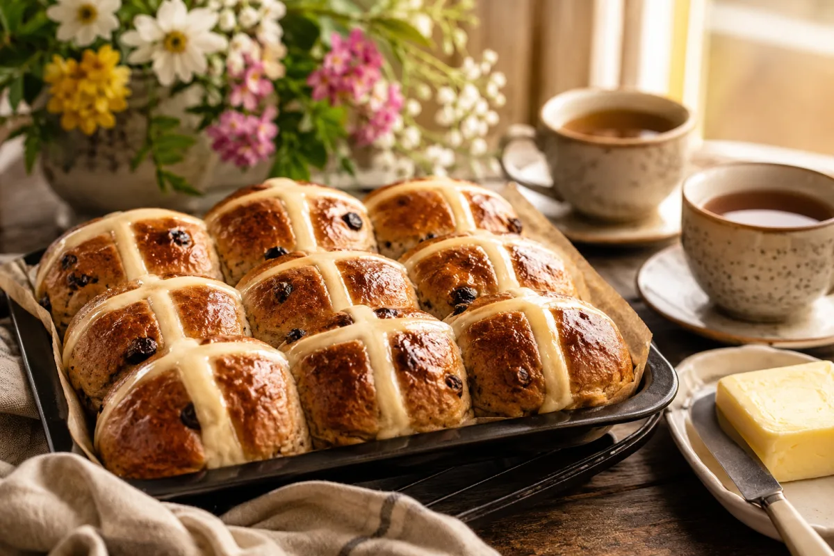 Traditional hot cross buns on an Easter table