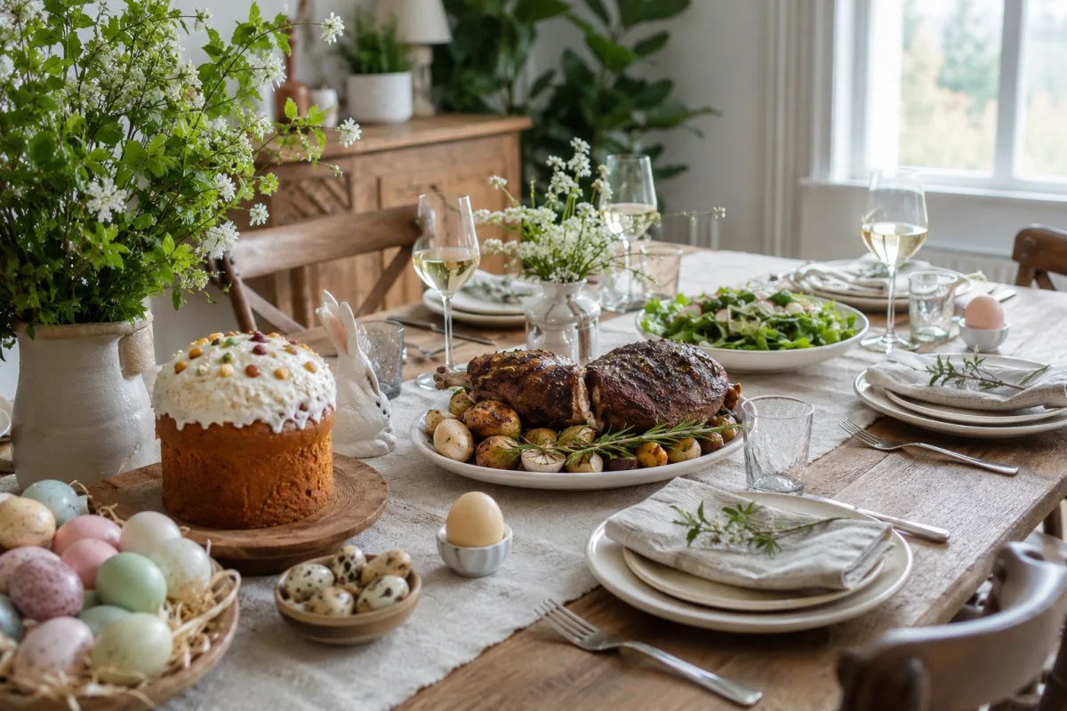 Balanced Easter meal with eggs bread greens and roast