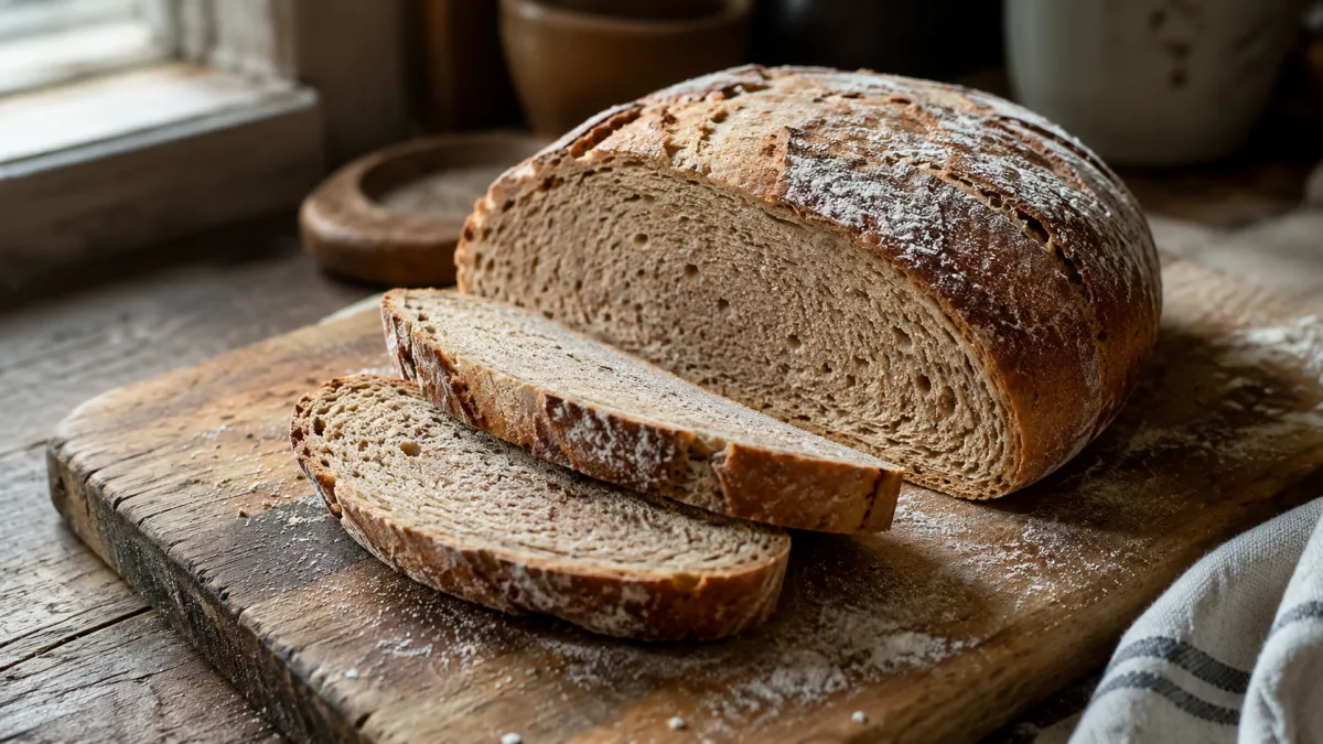 Close-up of a dense homemade bread loaf sliced open on a wooden board showing tight crumb