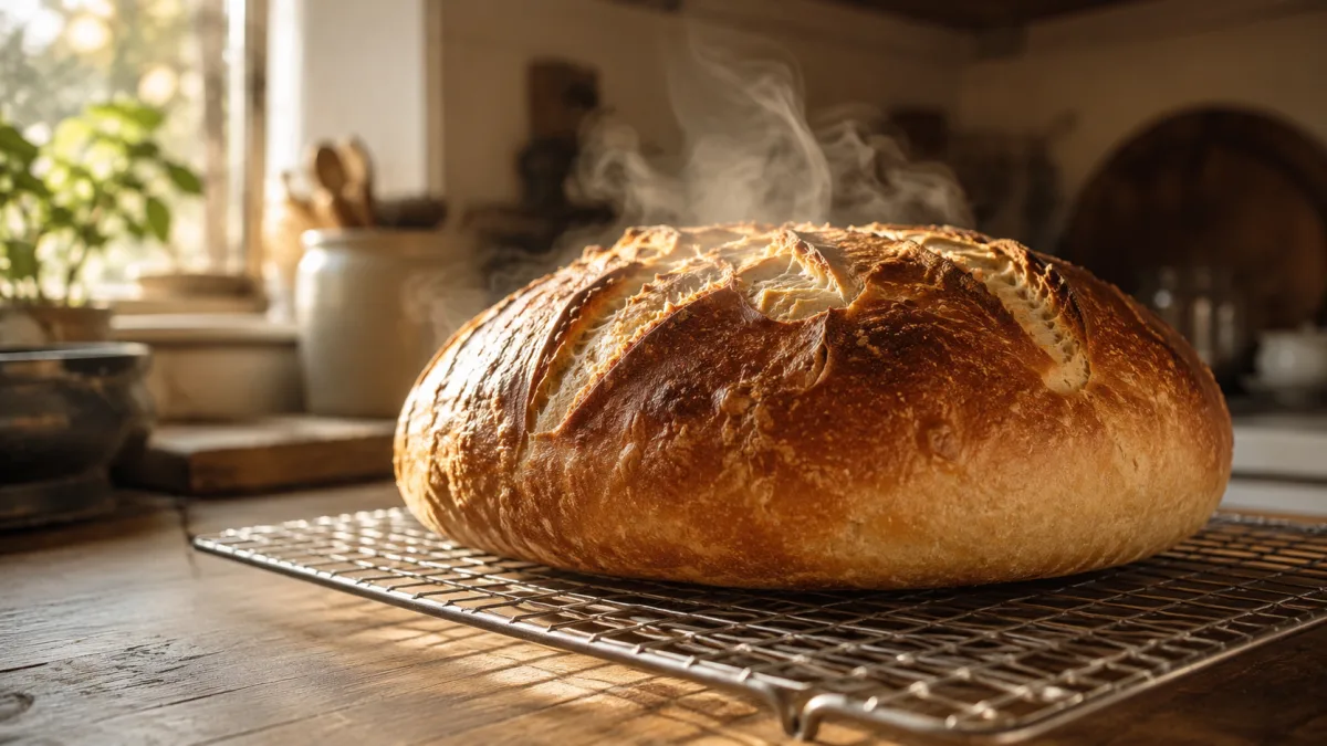 Freshly baked bread loaf cooling on a wire rack with steam rising in natural kitchen light