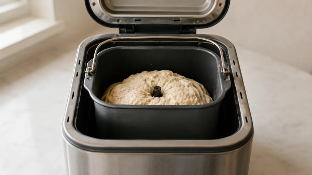 Open bread machine pan with raw dough and kneading paddle visible on kitchen counter