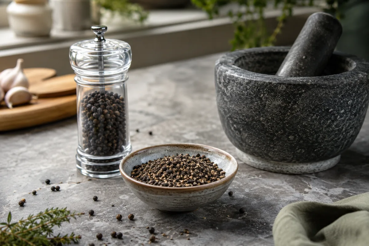 Whole black peppercorns in a grinder beside a small bowl of cracked pepper