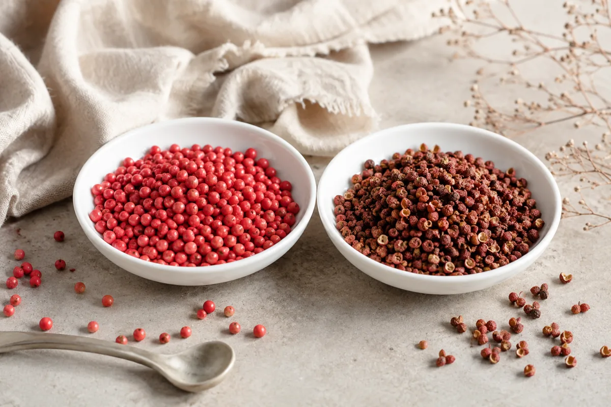Pink peppercorns and Sichuan pepper in separate small dishes