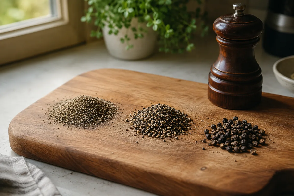Fine ground pepper, coarse pepper, and cracked pepper on a cutting board
