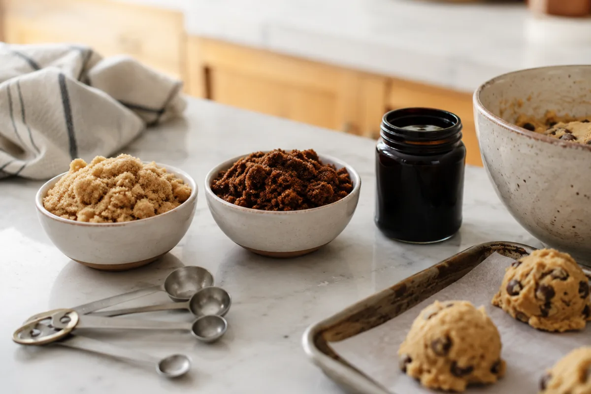 Bowls of light and dark brown sugar beside molasses and measuring spoons
