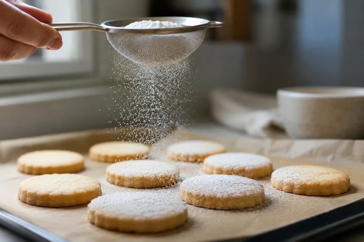 Powdered sugar being sifted over plain shortbread cookies