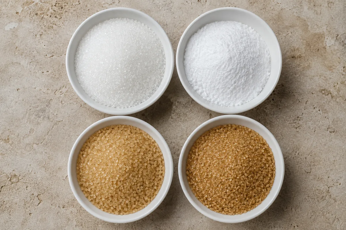 Different sugar crystal sizes arranged in small white dishes