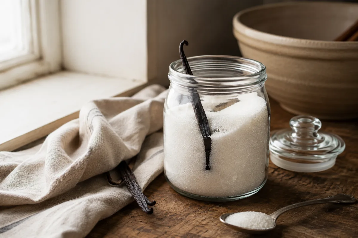 Vanilla pod stored in a jar of sugar