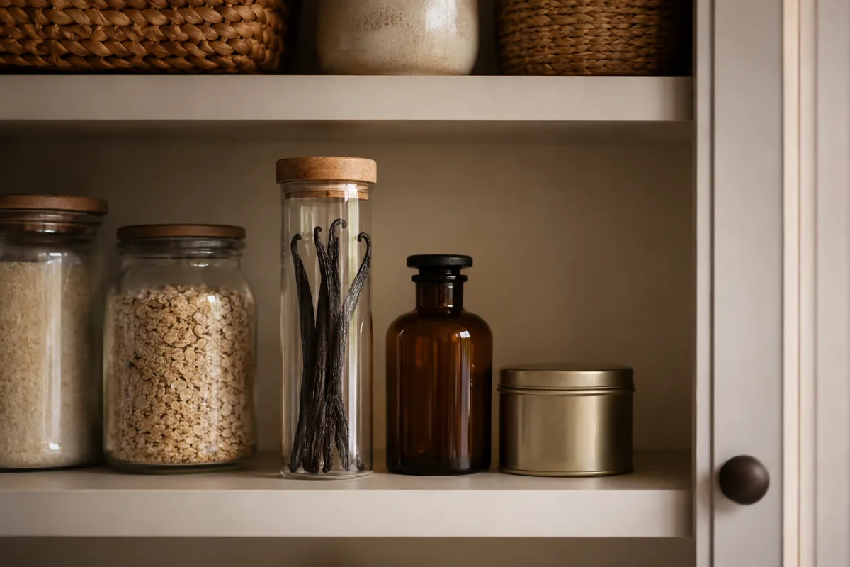 Vanilla beans and extract stored in a cool pantry