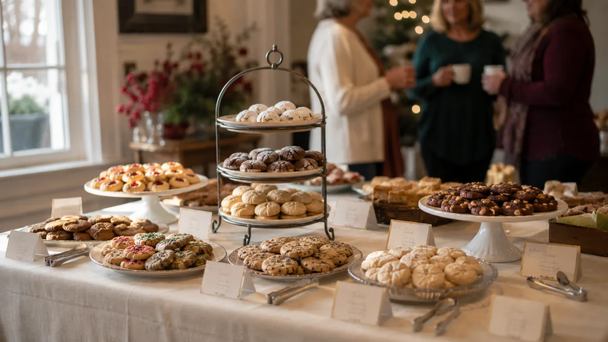 Tiered cookie display on a holiday party table with labeled varieties and serving tongs