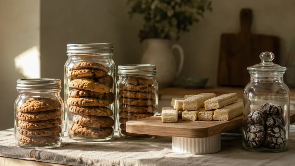 Rustic DIY cookie display using mason jars and wooden cutting boards at staggered heights