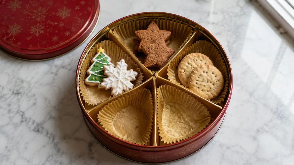 Open holiday cookie tin with dividers and paper cupcake liners showing three types of cookies