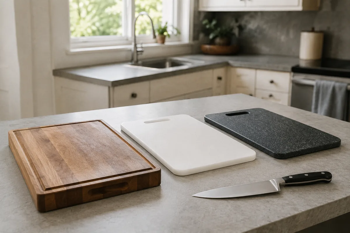 Wood, plastic, and composite cutting boards on a kitchen counter