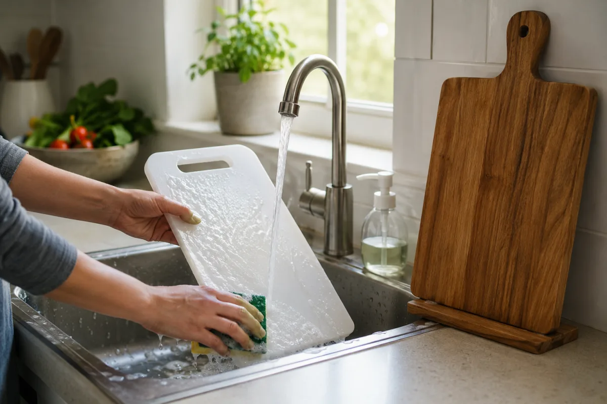 Cleaning a cutting board with hot soapy water