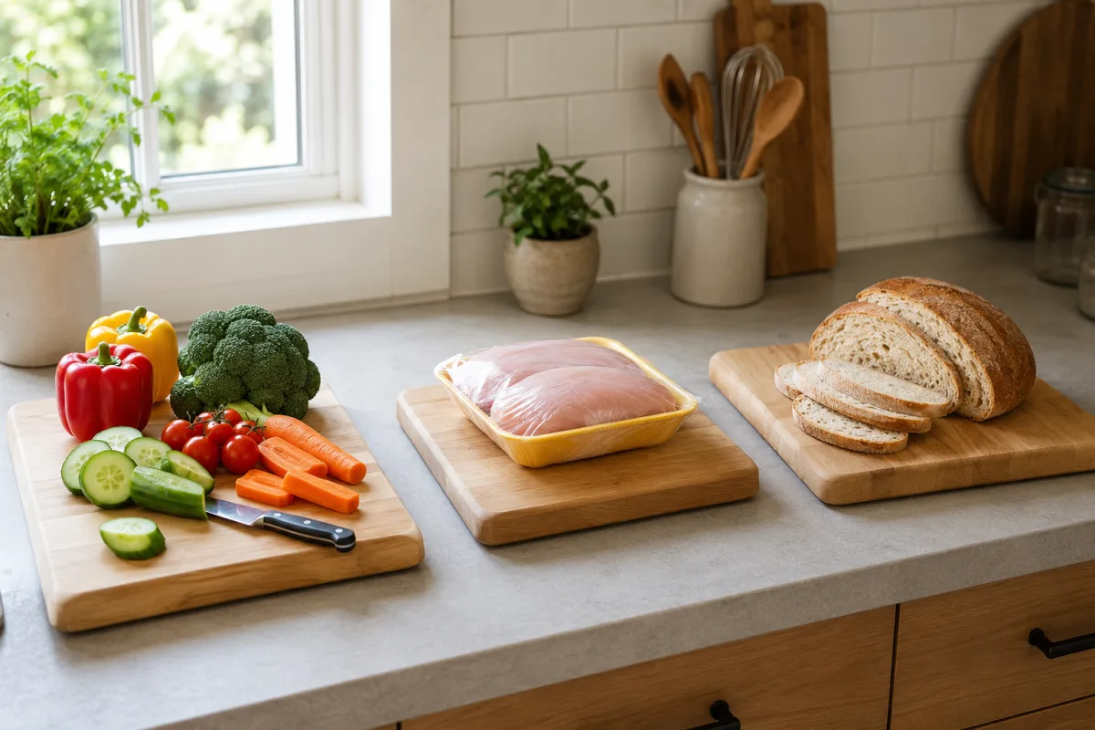 Three cutting boards organized for raw meat produce and bread