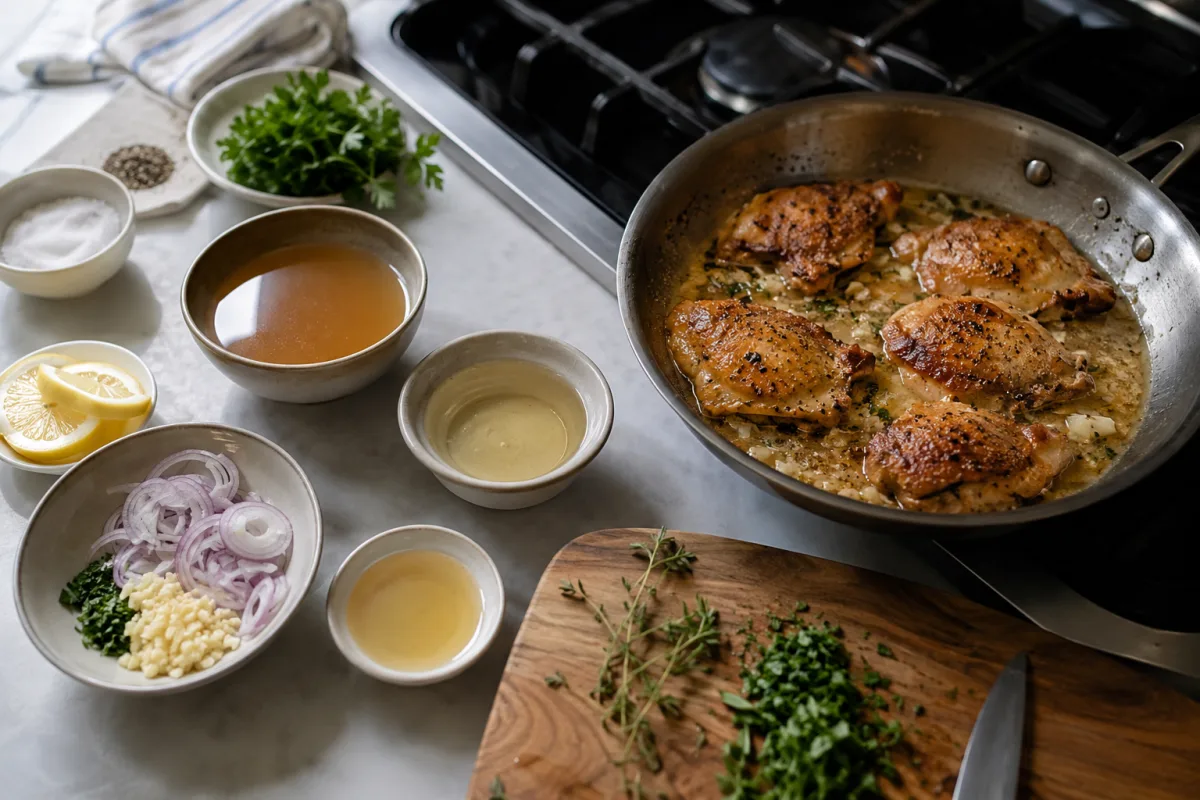 Deglazing liquids arranged beside a hot skillet
