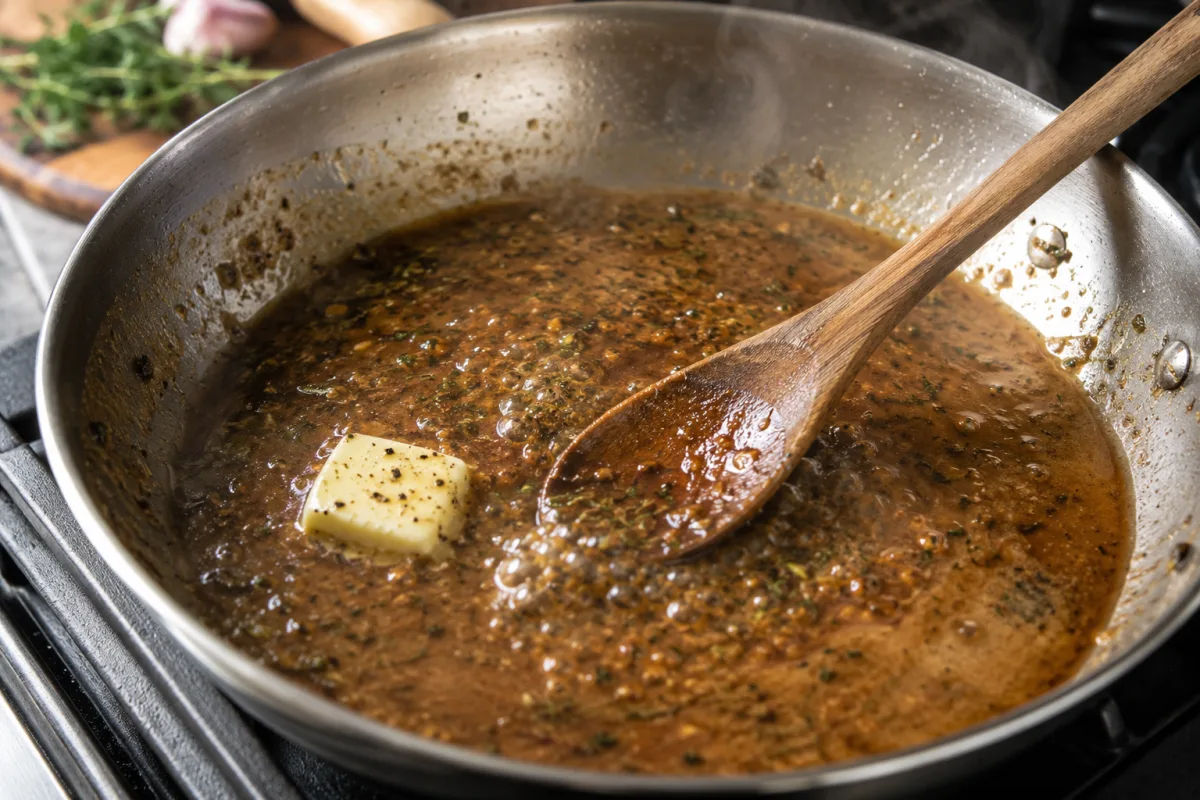 Wooden spoon scraping a bubbling pan sauce