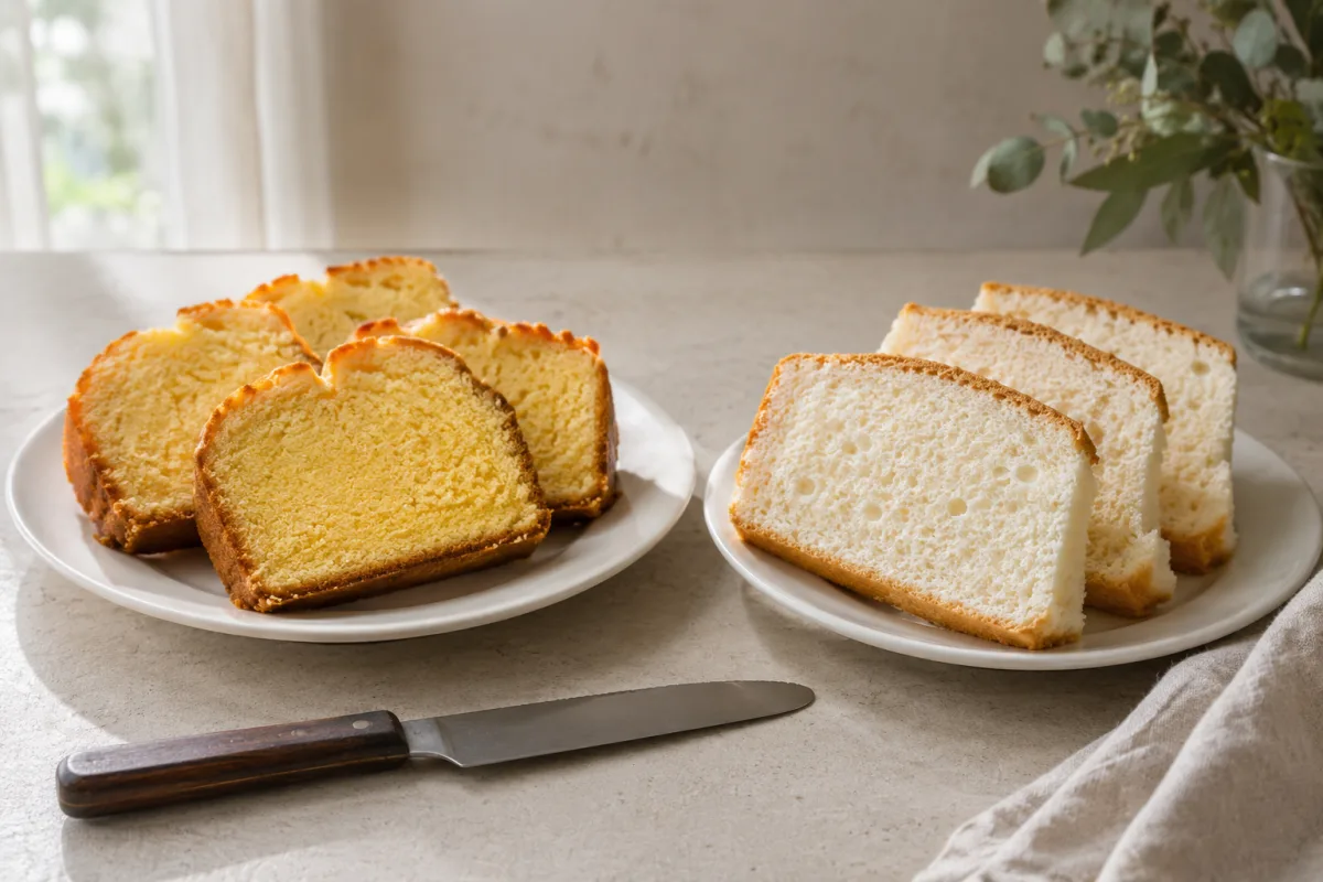 Slices of butter cake and sponge cake shown side by side