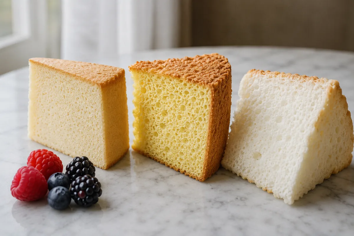 Three light cake slices showing genoise, chiffon, and angel food textures