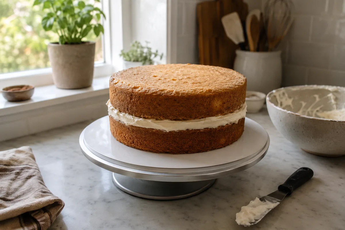 Layer cake being filled with buttercream on a turntable