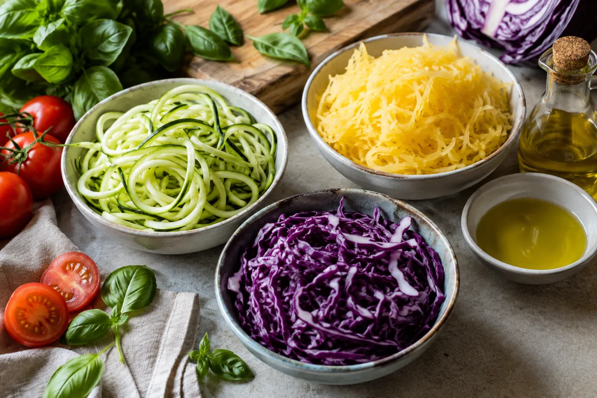 Fresh vegetable noodles arranged beside sauce ingredients