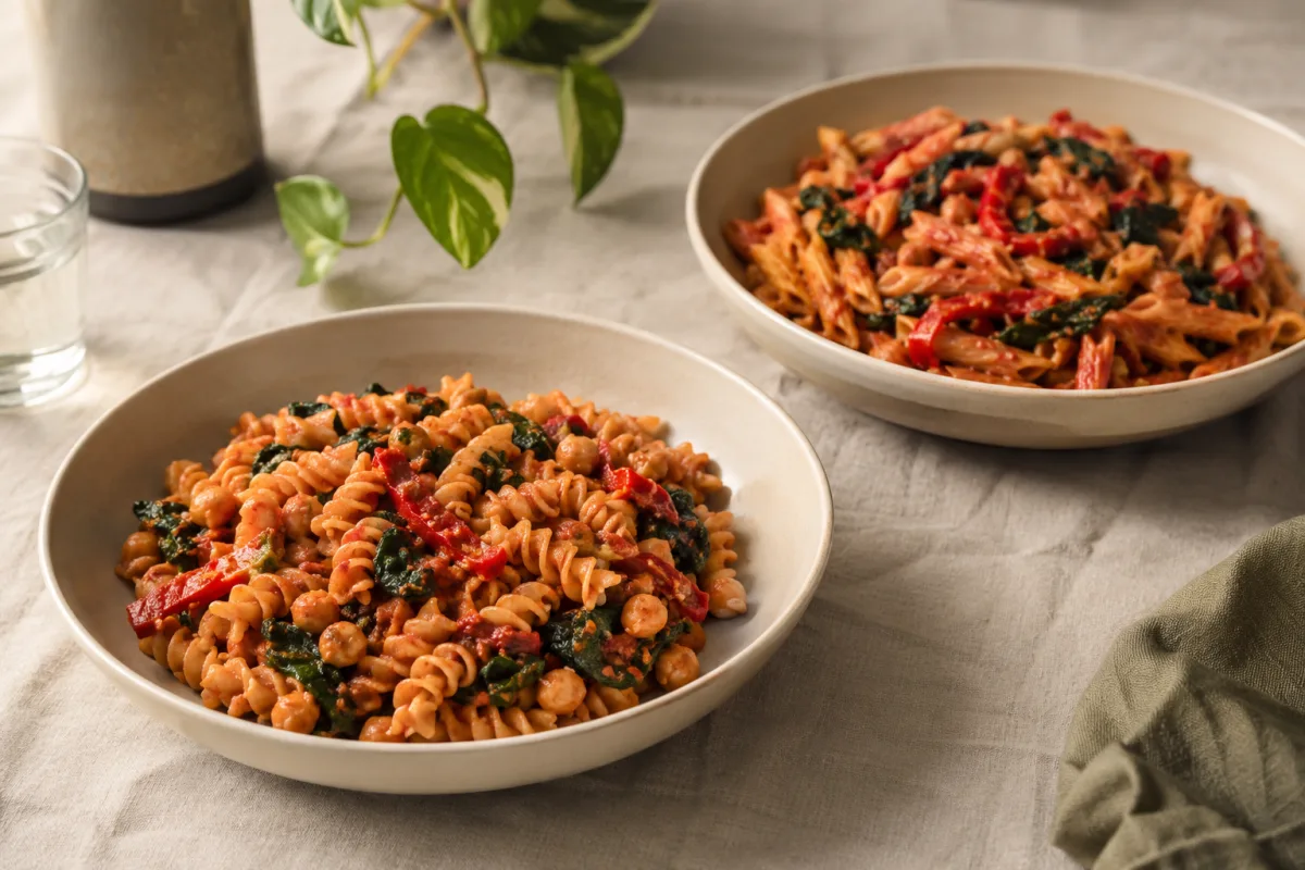 Cooked chickpea and lentil pasta with vegetables in shallow bowls