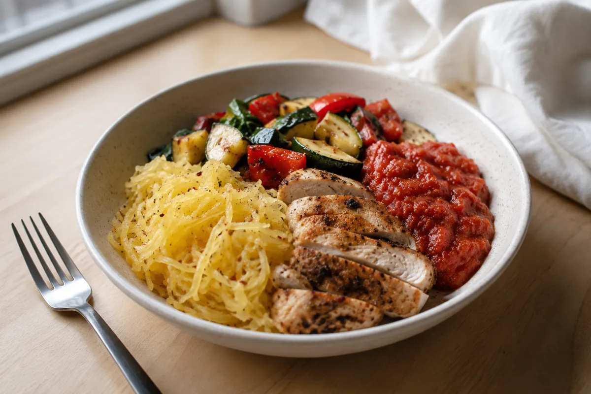 Balanced pasta substitute bowl with vegetables, protein, and sauce