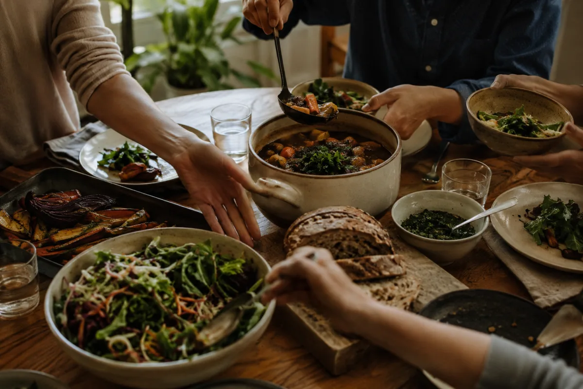 Family-style table with balanced home-cooked dishes
