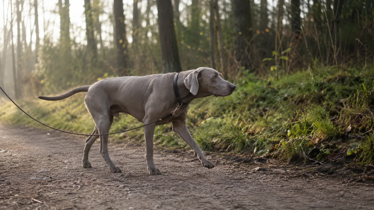 Weimaraner walking on a quiet trail with a loose lead