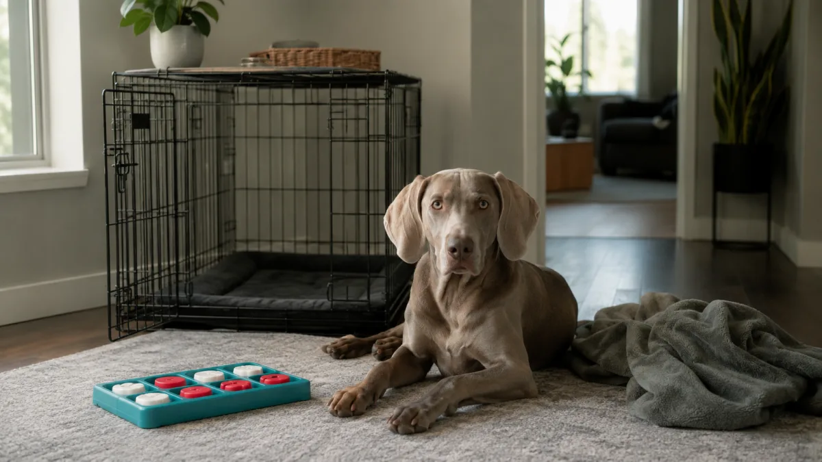Weimaraner resting near a crate with a food puzzle