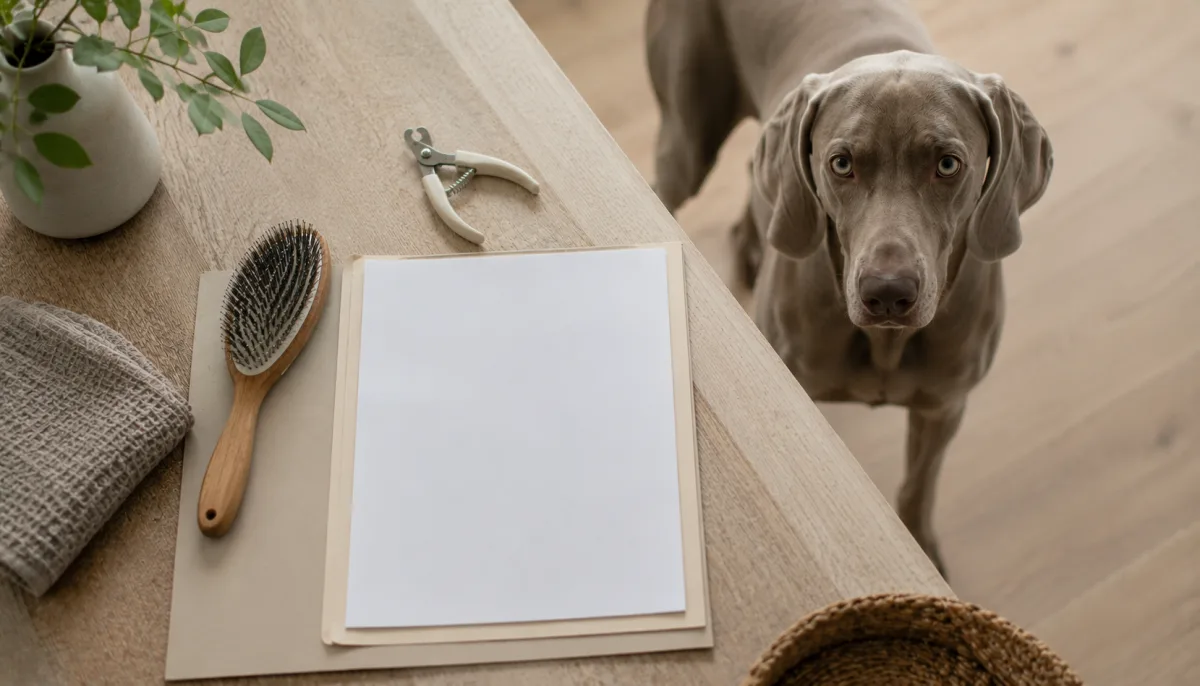 Weimaraner grooming tools and health records on a table