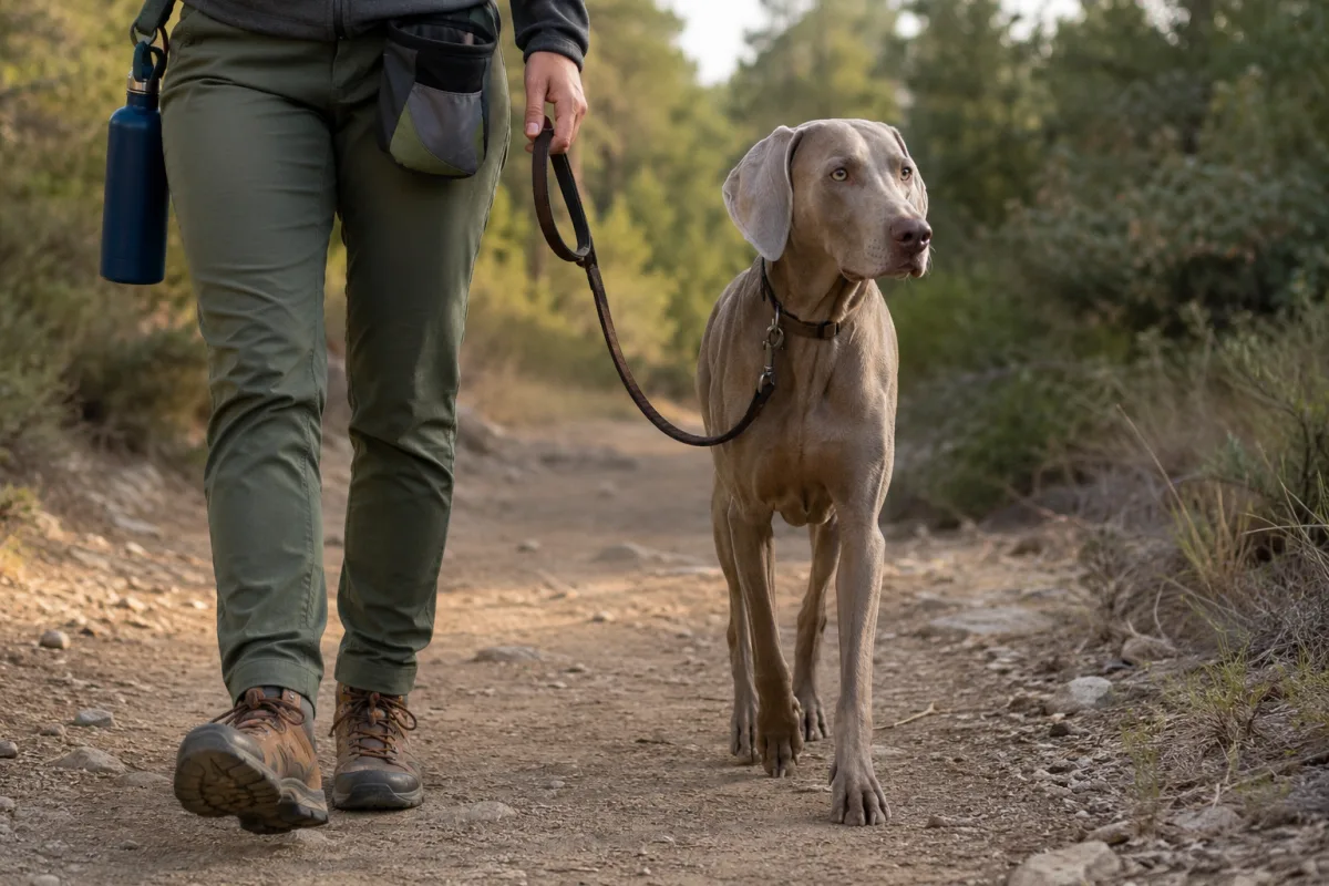 Weimaraner walking on leash during an outdoor training session