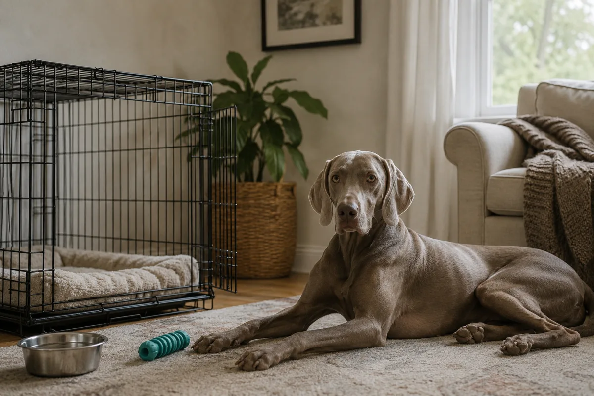 Weimaraner resting calmly near crate and enrichment toy