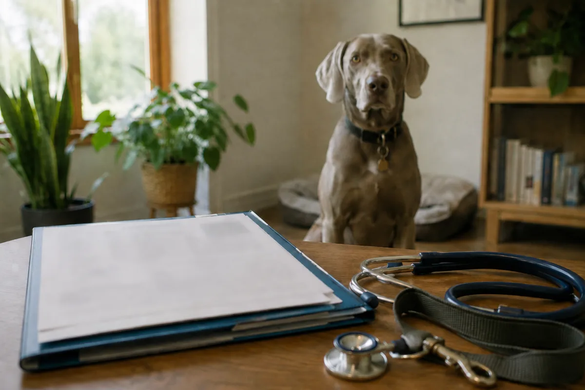 Weimaraner health records and leash on a kitchen table