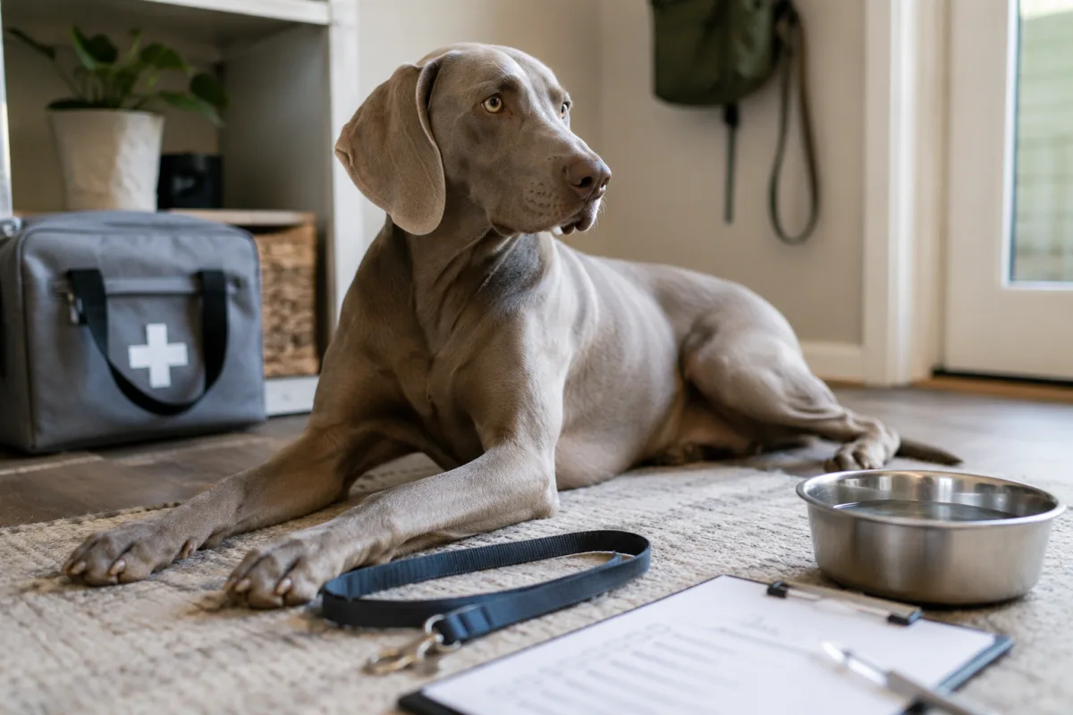 Weimaraner resting near emergency vet checklist