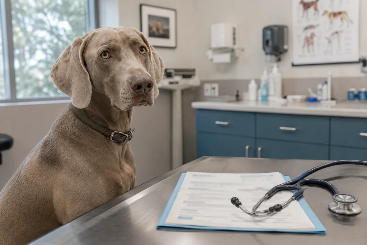 Weimaraner health records and vet exam table