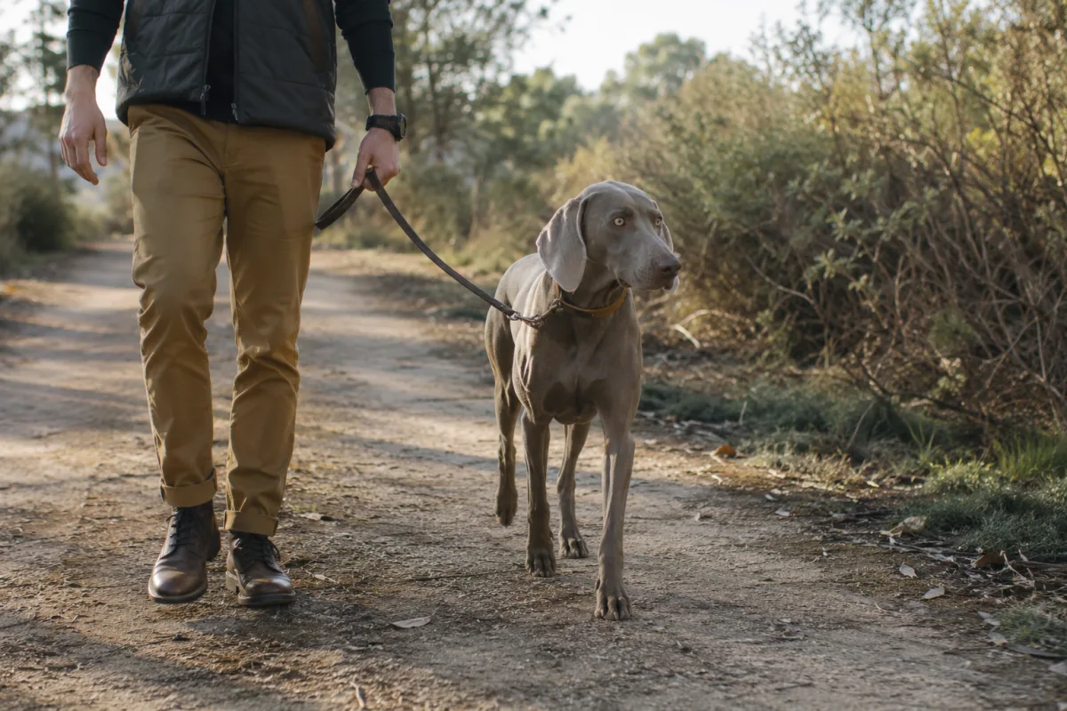 Weimaraner walking on a trail with owner