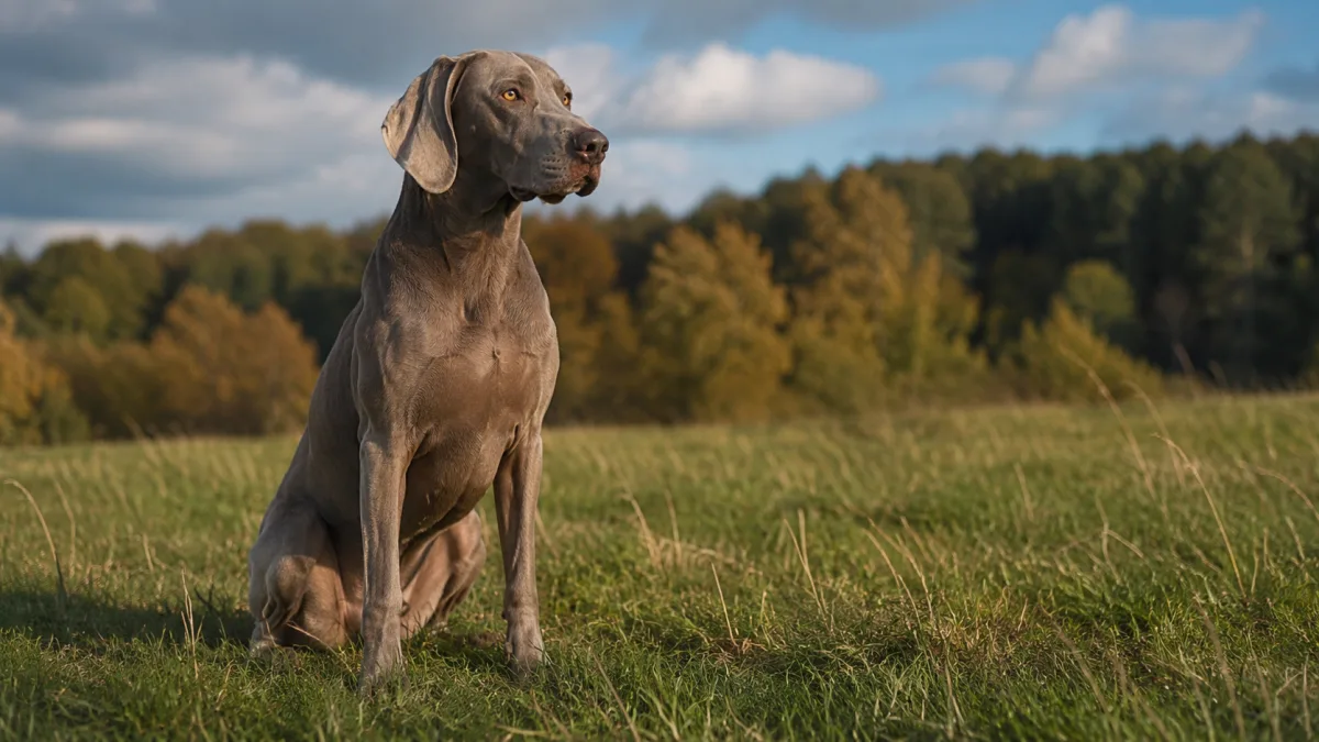 Weimaraner dog performing obedience training outdoors in a grassy field